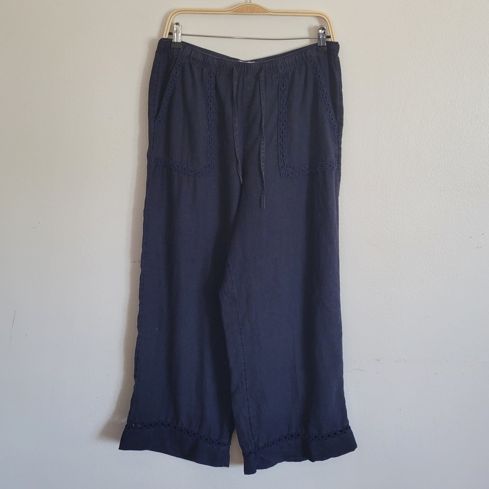 Joie Linen Wide Leg Crop Pants Large Navy Blue Boho Coastal Grandma Lagenlook